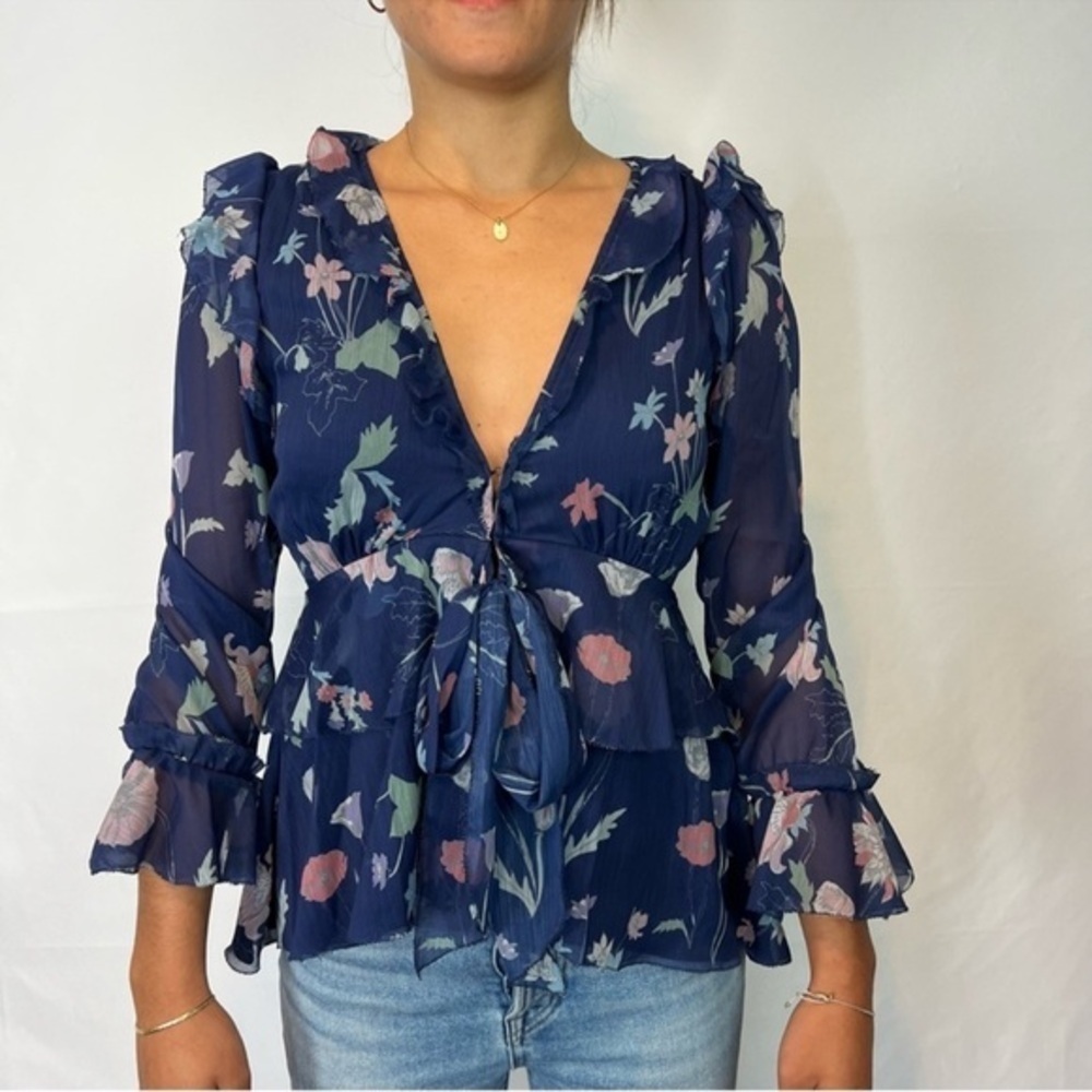 Cleobella Floral Long Sleeve Ruffle Tie Blouse XS
